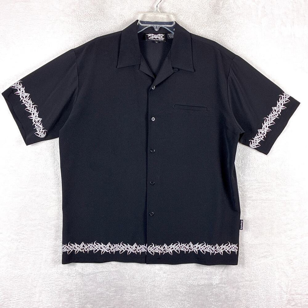 VTG Dragonfly Roadhouse Shirt Mens L Black White Embroidered Tribal Loop Collar